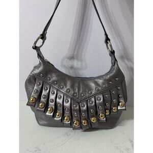 B. Makowsky Purse 100% Leather, Pewter Metallic, Metal Studs, Adjustable Strap